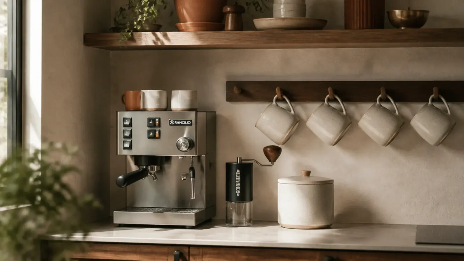 warm oak coffee corner on a cream counter with mugs beans and a grinder