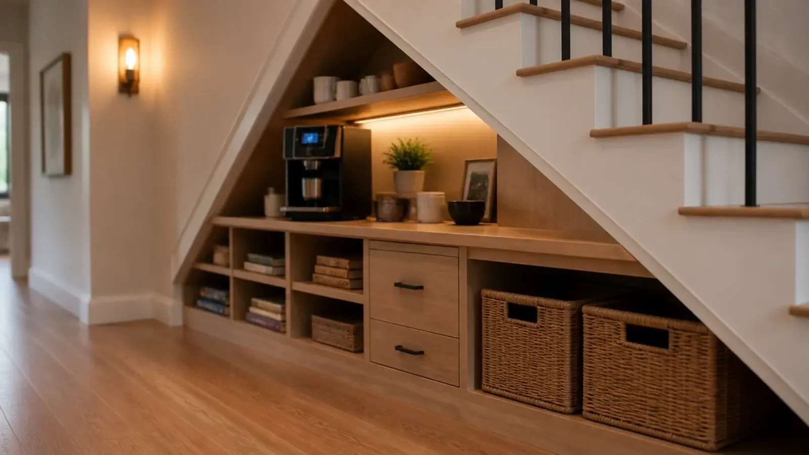 coffee nook fitted into the low space under a staircase