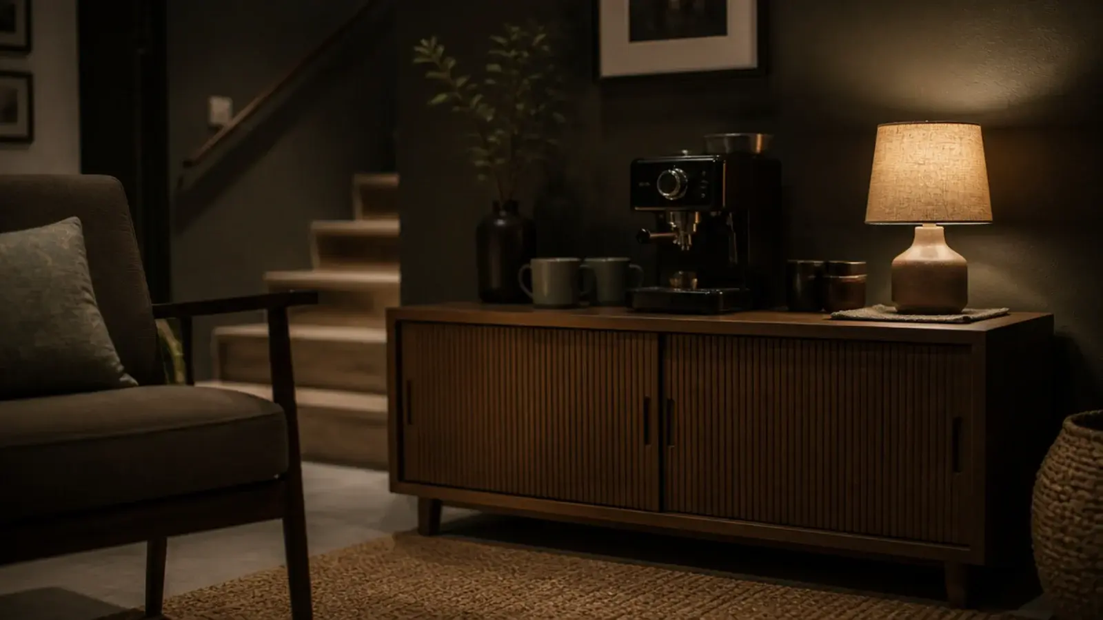 basement den corner set up as a warm coffee nook with lamp