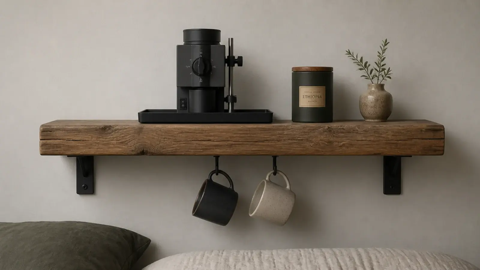 single wall shelf serving as a studio apartment coffee nook