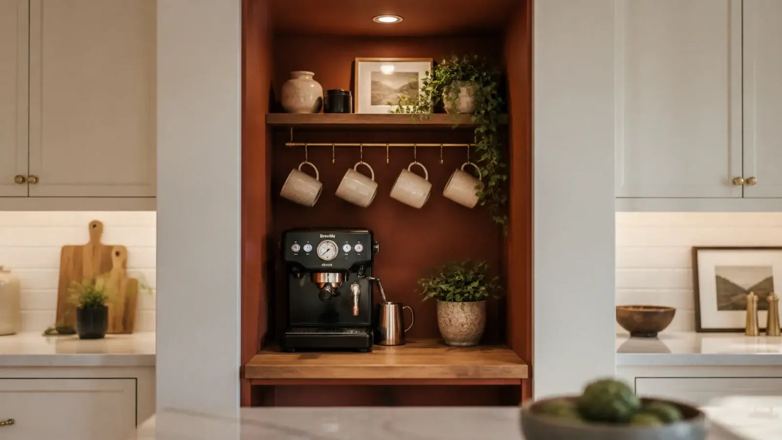 cozy coffee nook built into an alcove with shelves mugs and warm light