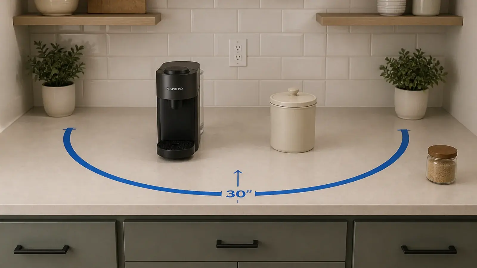 counter marked out for a coffee station showing the reach zone in tape