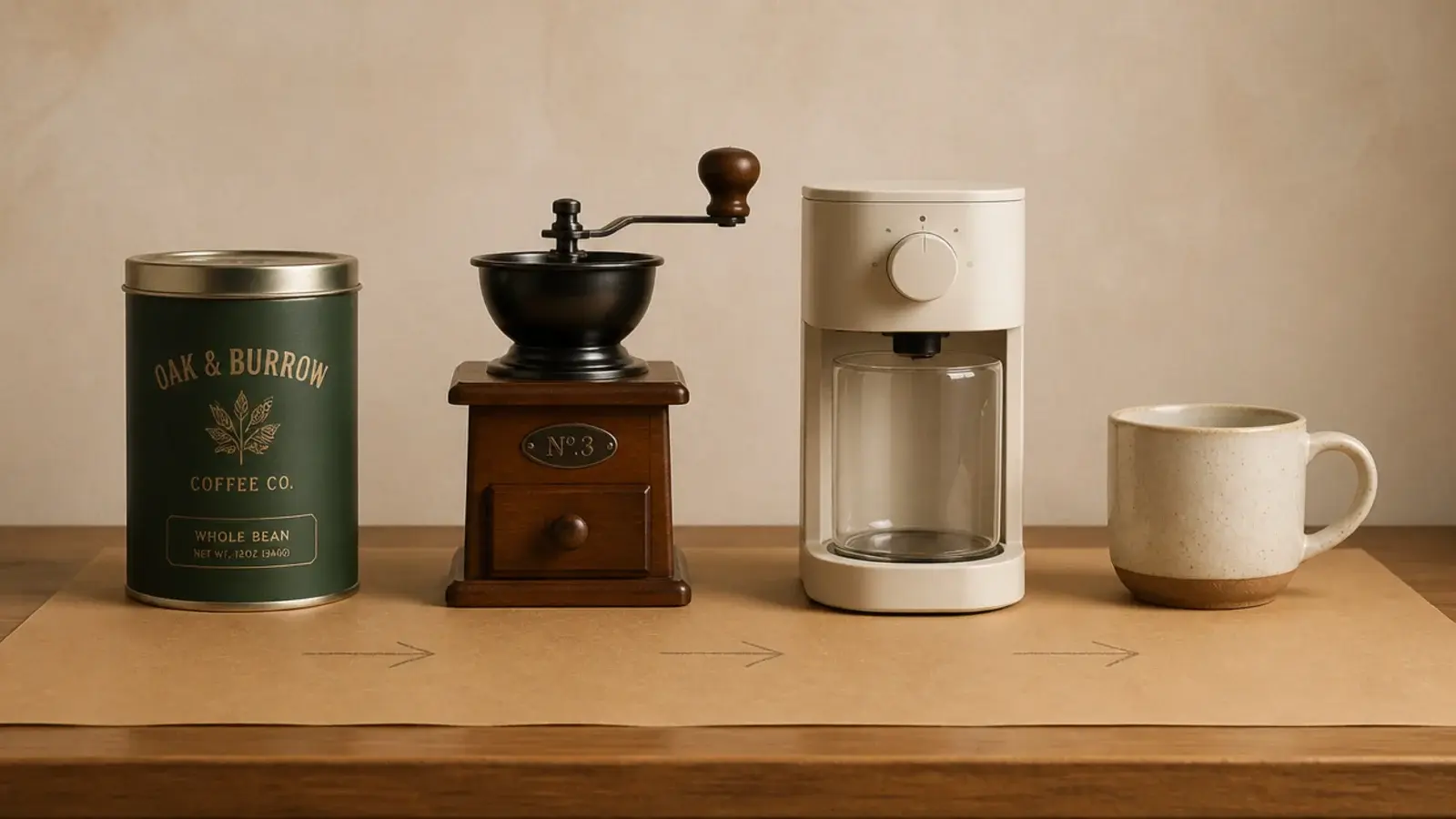 coffee station arranged left to right from beans to grinder to mug