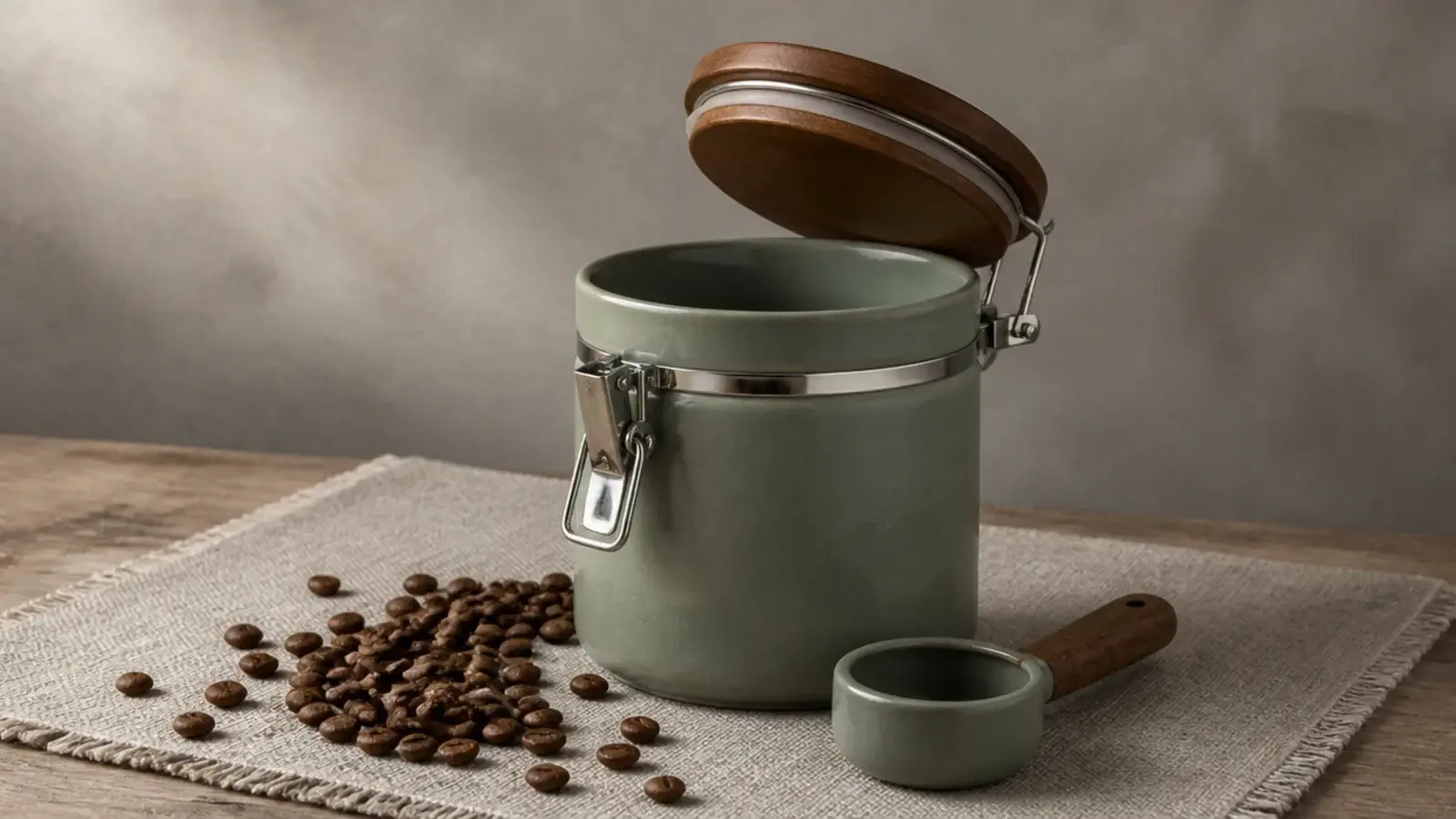 matte airtight canister holding whole beans beside a coffee station