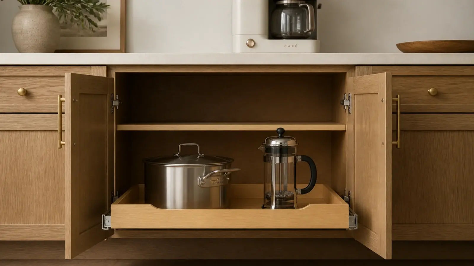 second coffee maker stored in a cabinet under a counter station