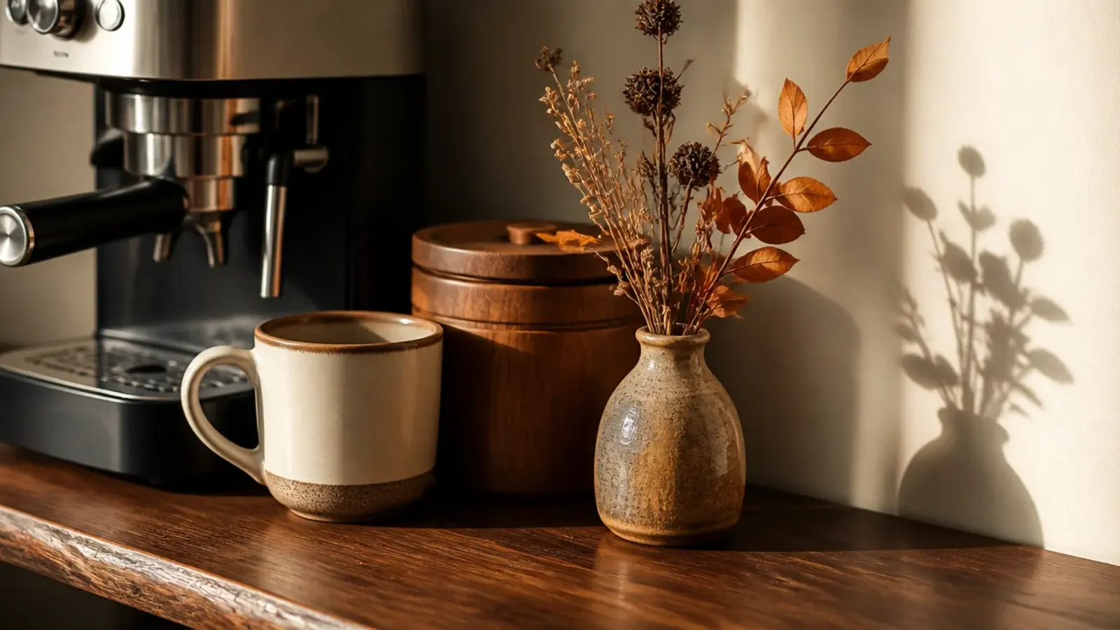 seasonal dried stems in a small vase at a coffee station corner
