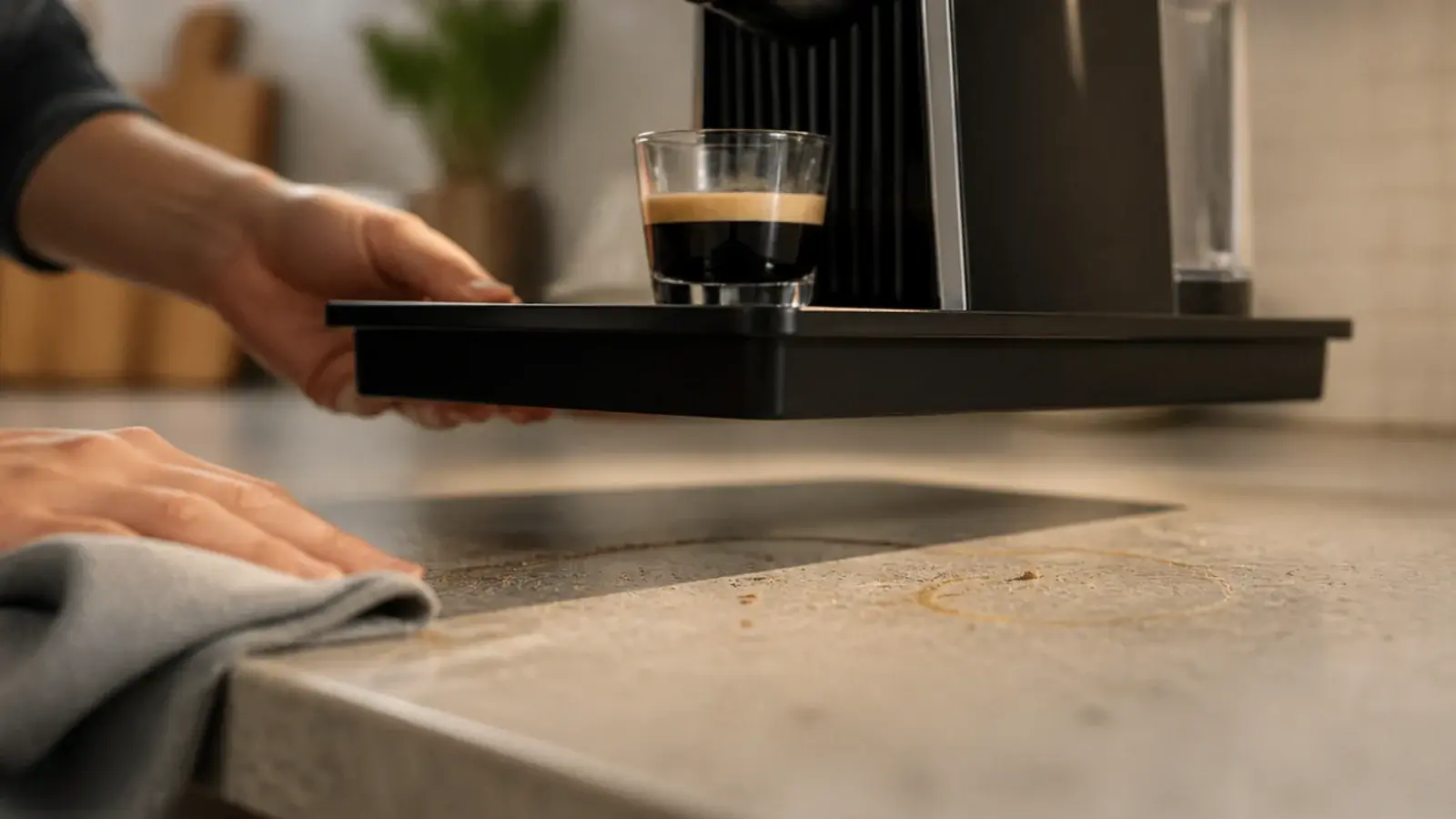 tray lifted from a counter during a weekly coffee station clean
