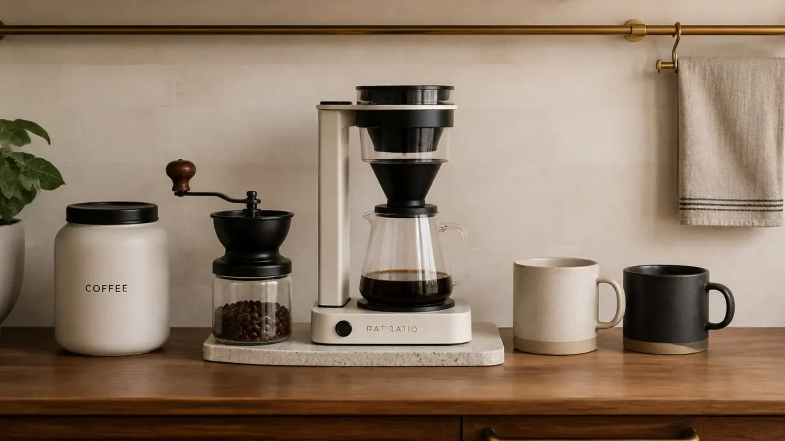 organized coffee station on a warm counter with canisters mugs and a tray