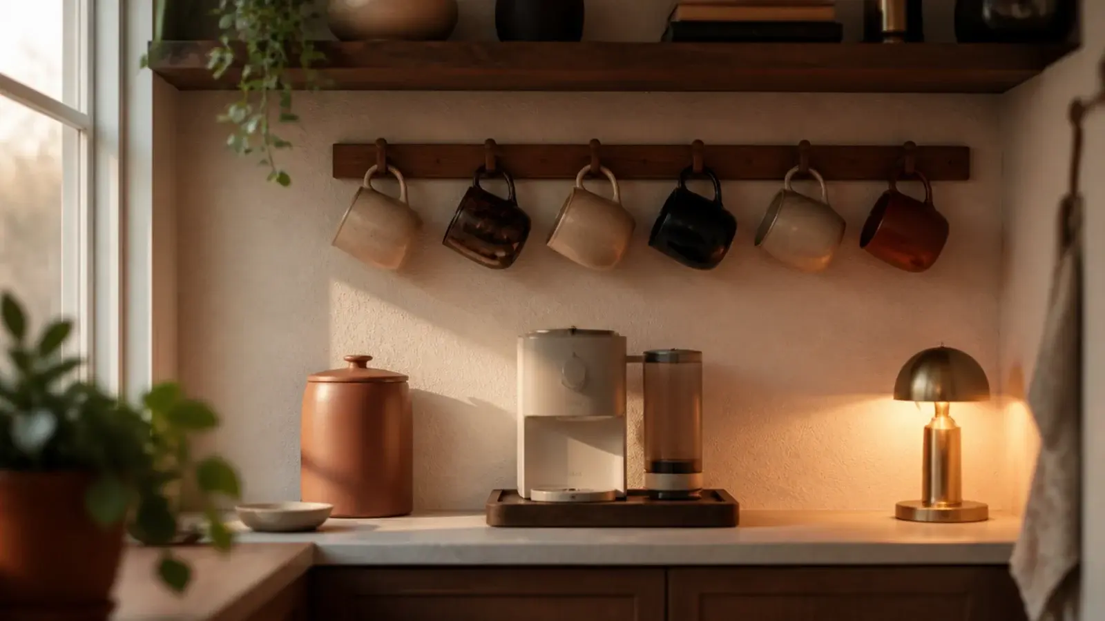 cozy coffee corner glowing with warm lamplight mugs and a stoneware canister