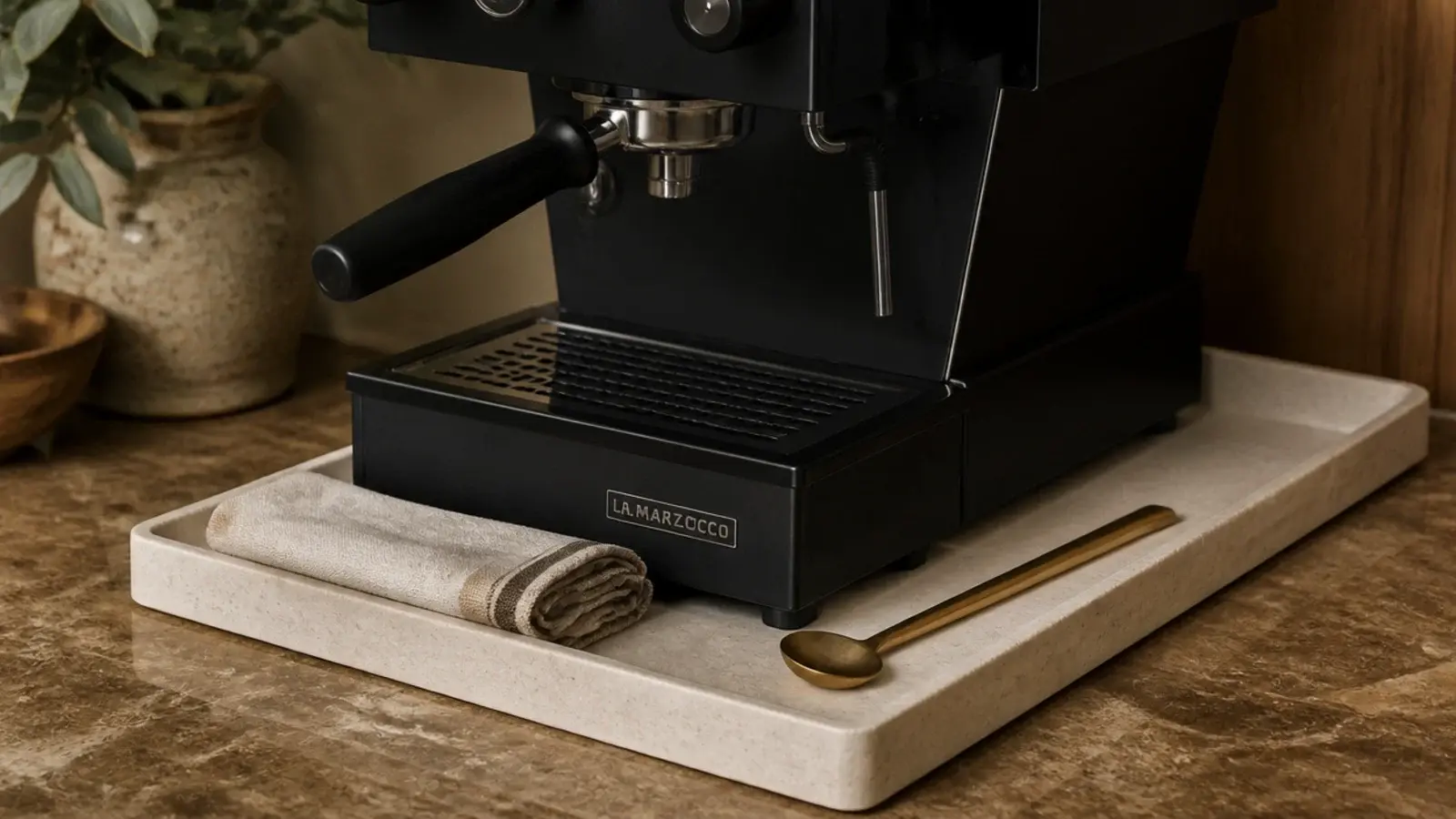 stone tray positioned under a coffee machine on a kitchen counter