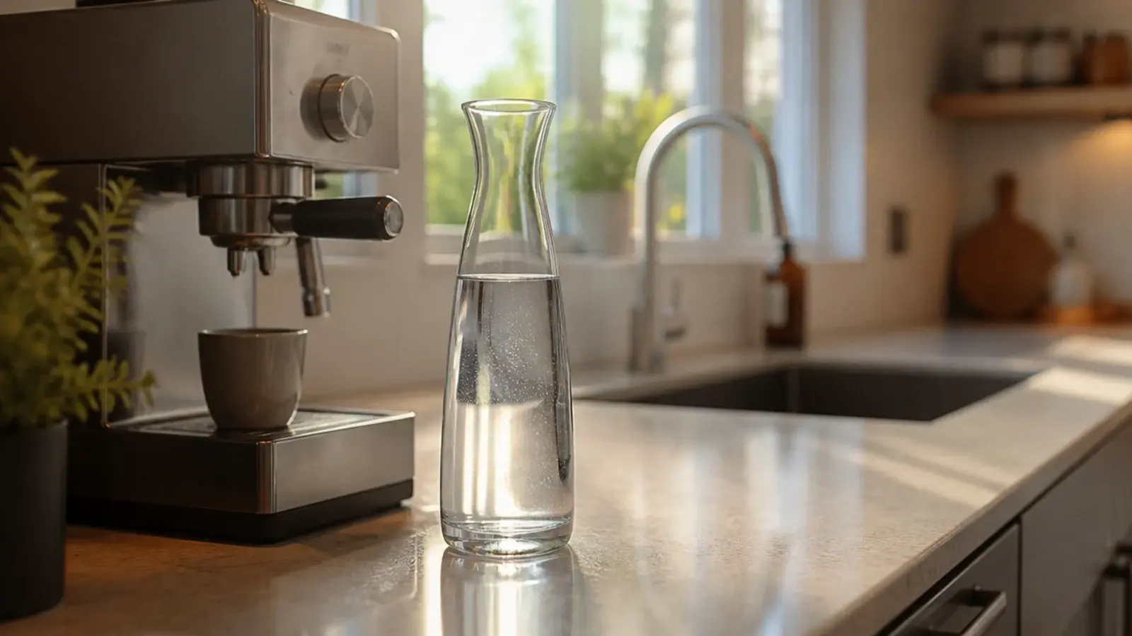glass carafe used to carry water from the sink to a coffee bar
