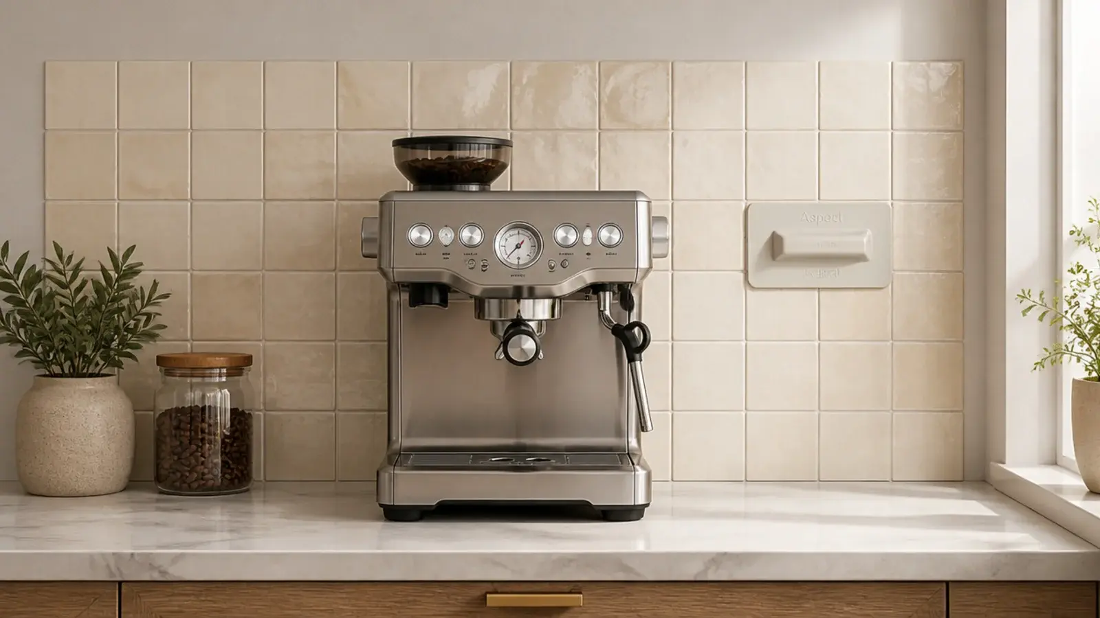 peel and stick tile backsplash behind a small home coffee bar