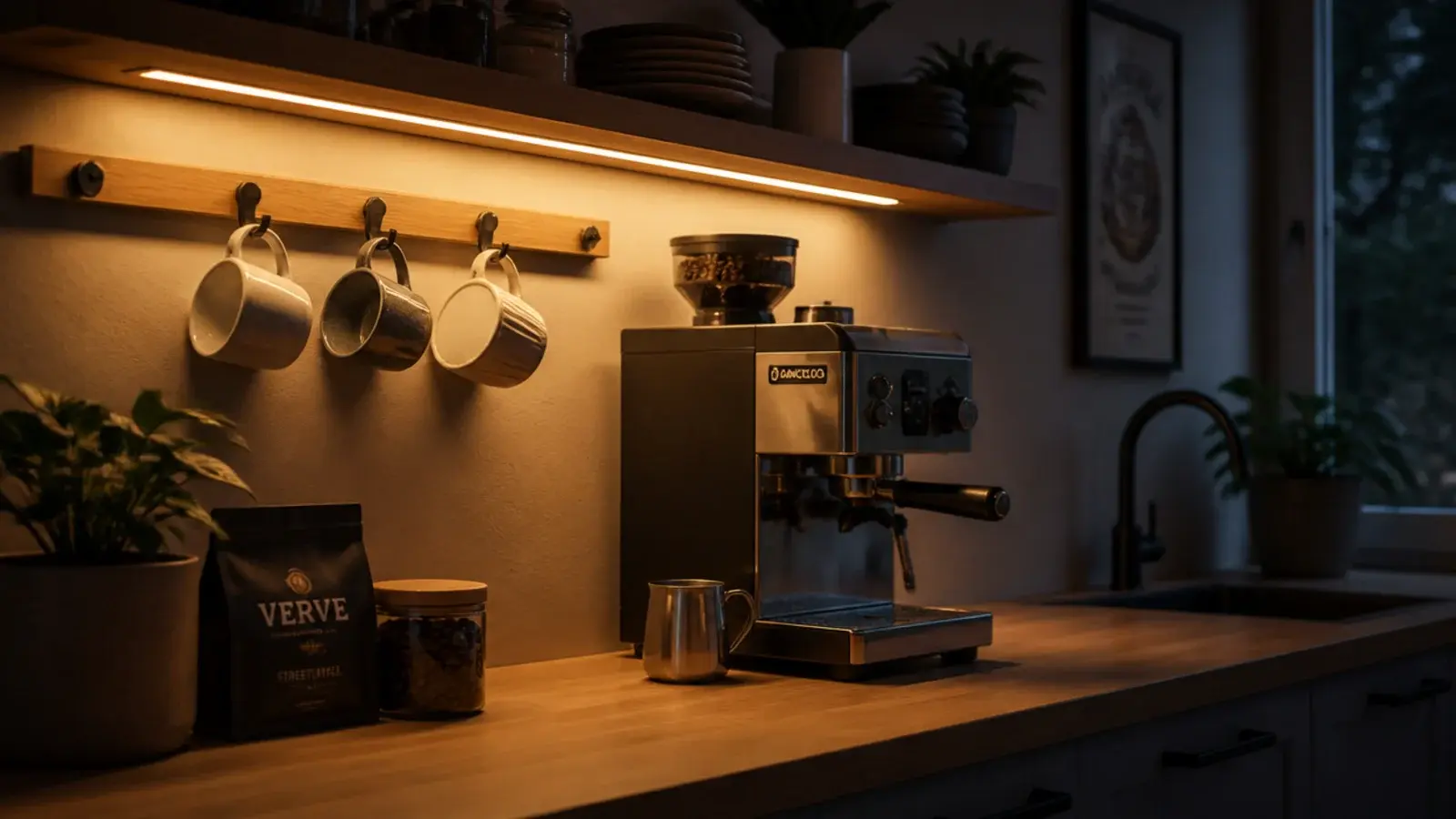warm strip light under a shelf illuminating a home coffee bar