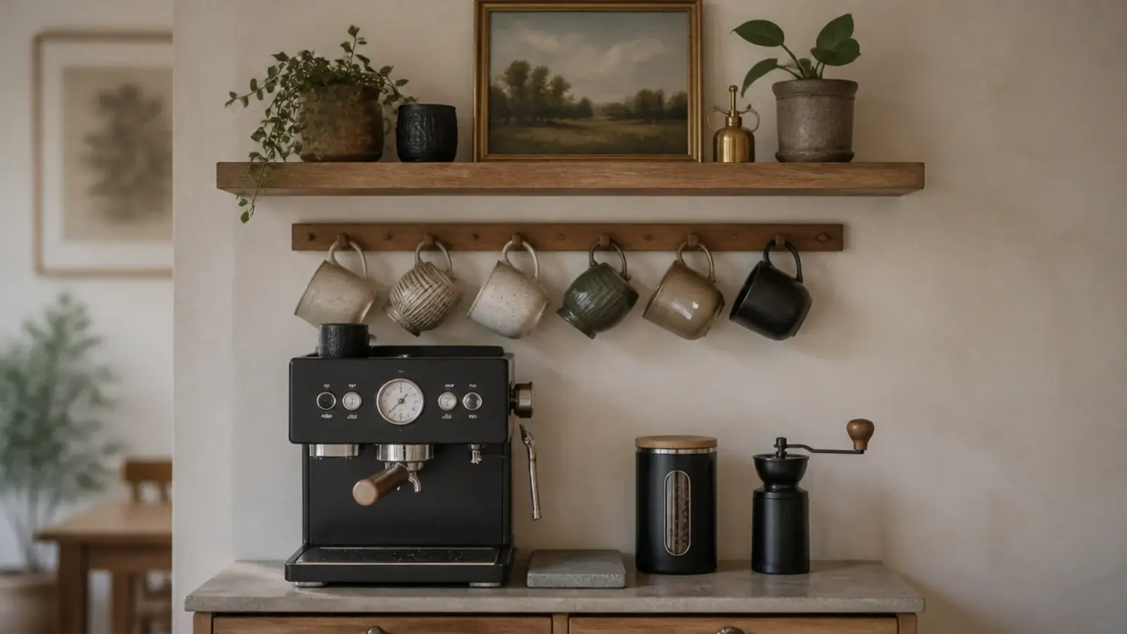 finished home coffee bar with oak shelf mug rail and stone tray