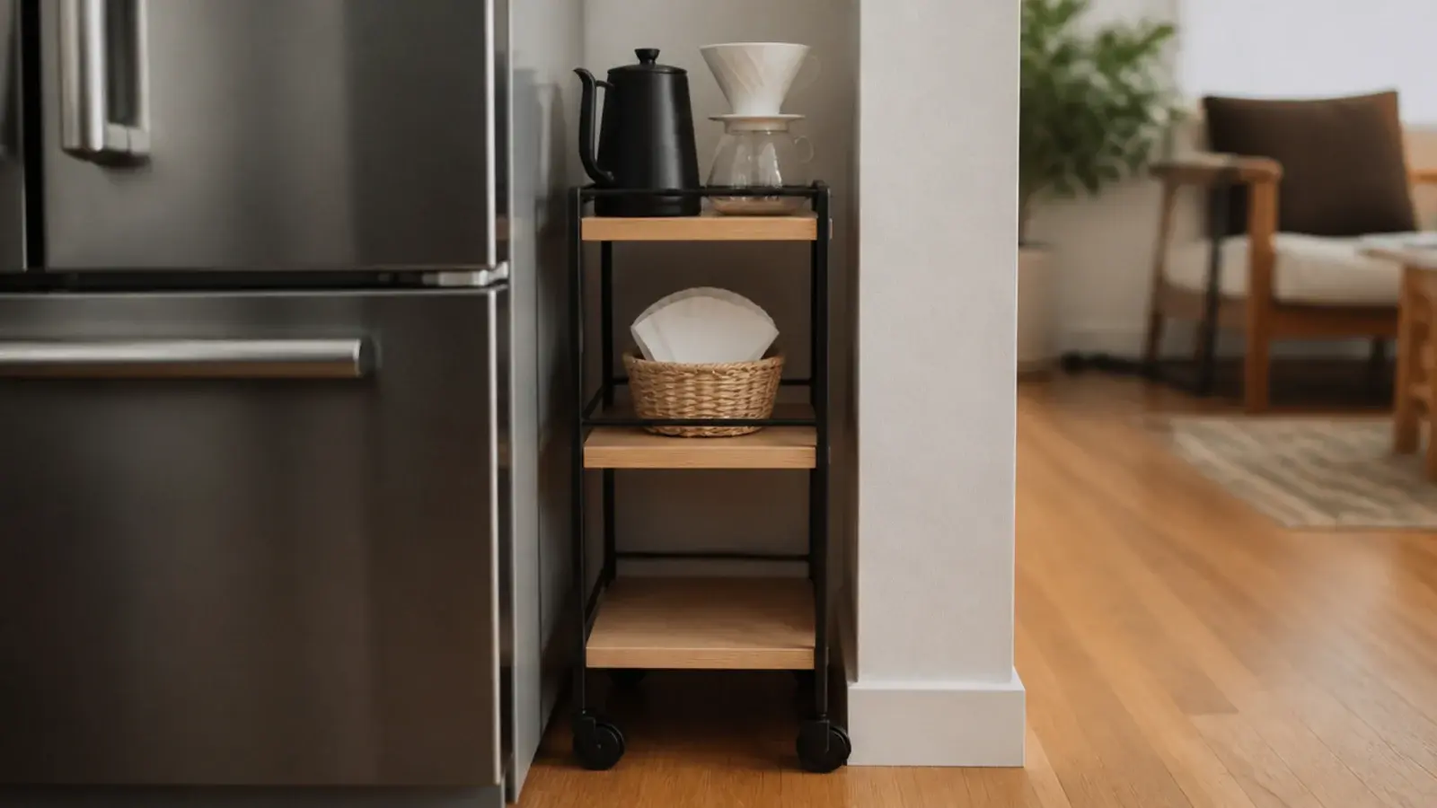 narrow coffee cart filling the eighteen inch gap beside a fridge