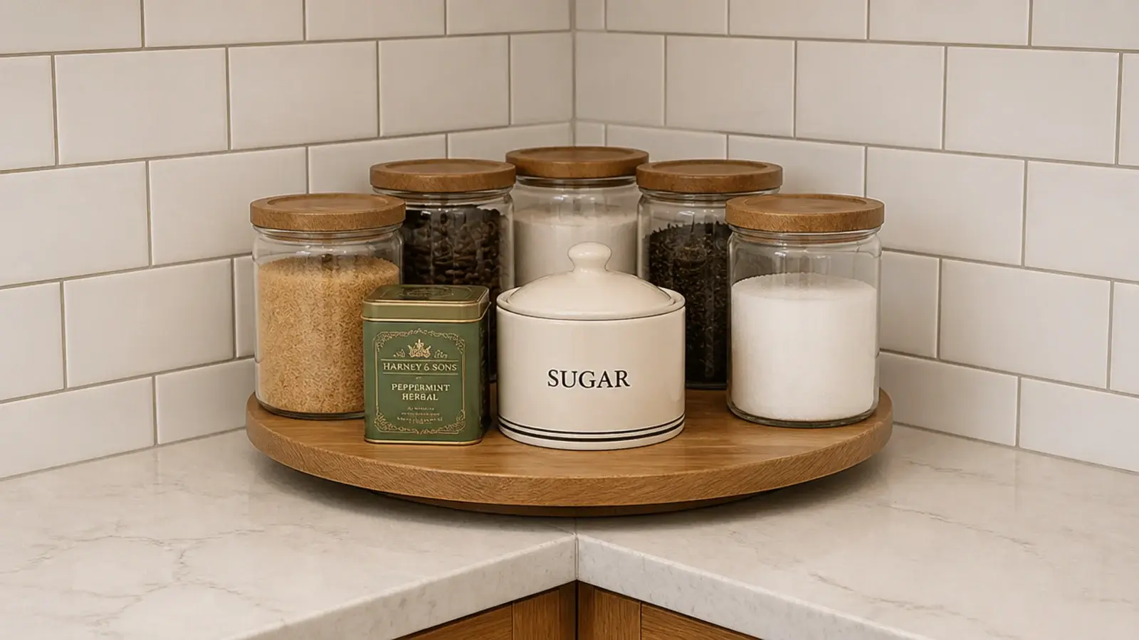 turntable holding coffee jars in the inside corner of a kitchen counter