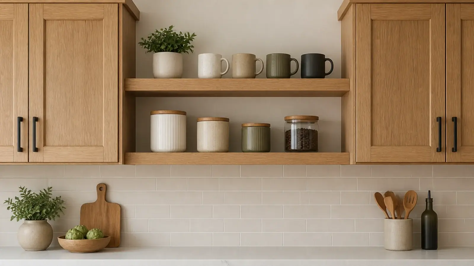 one upper cabinet removed for open shelving above a coffee corner