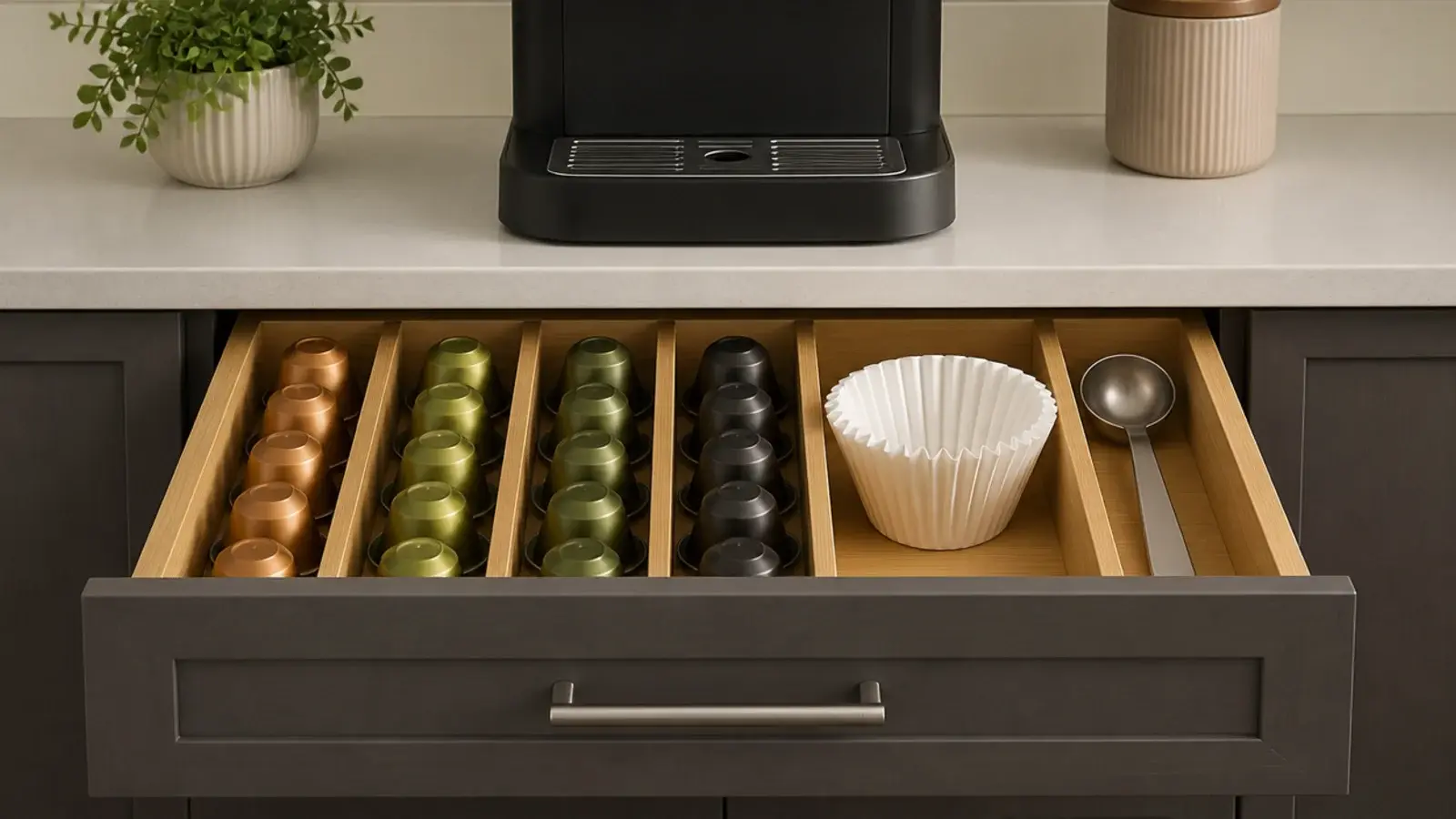 drawer beneath a kitchen coffee corner holding pods and filters