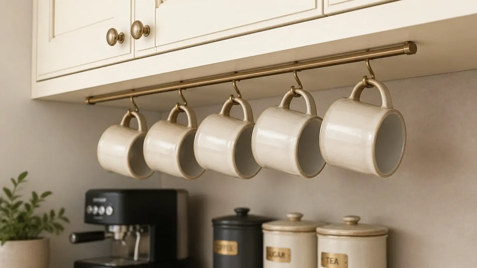 mug hooks fixed under a kitchen cabinet above a coffee corner