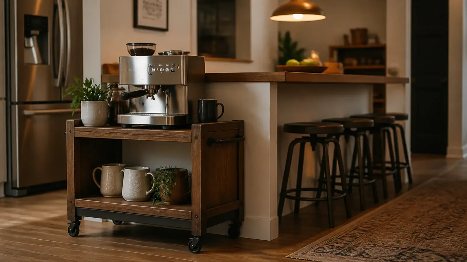 rolling coffee cart docked at the end of a kitchen island