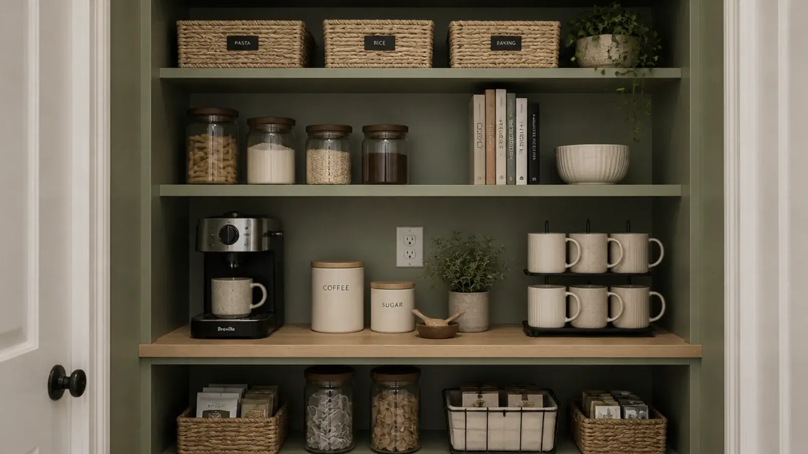 pantry shelf converted into a hidden kitchen coffee station