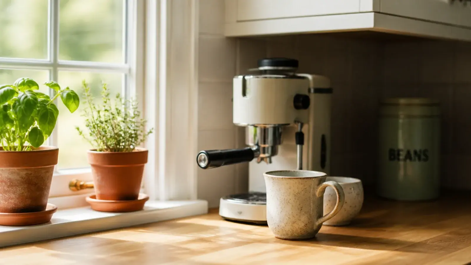 coffee corner by a kitchen window with beans stored in an opaque tin