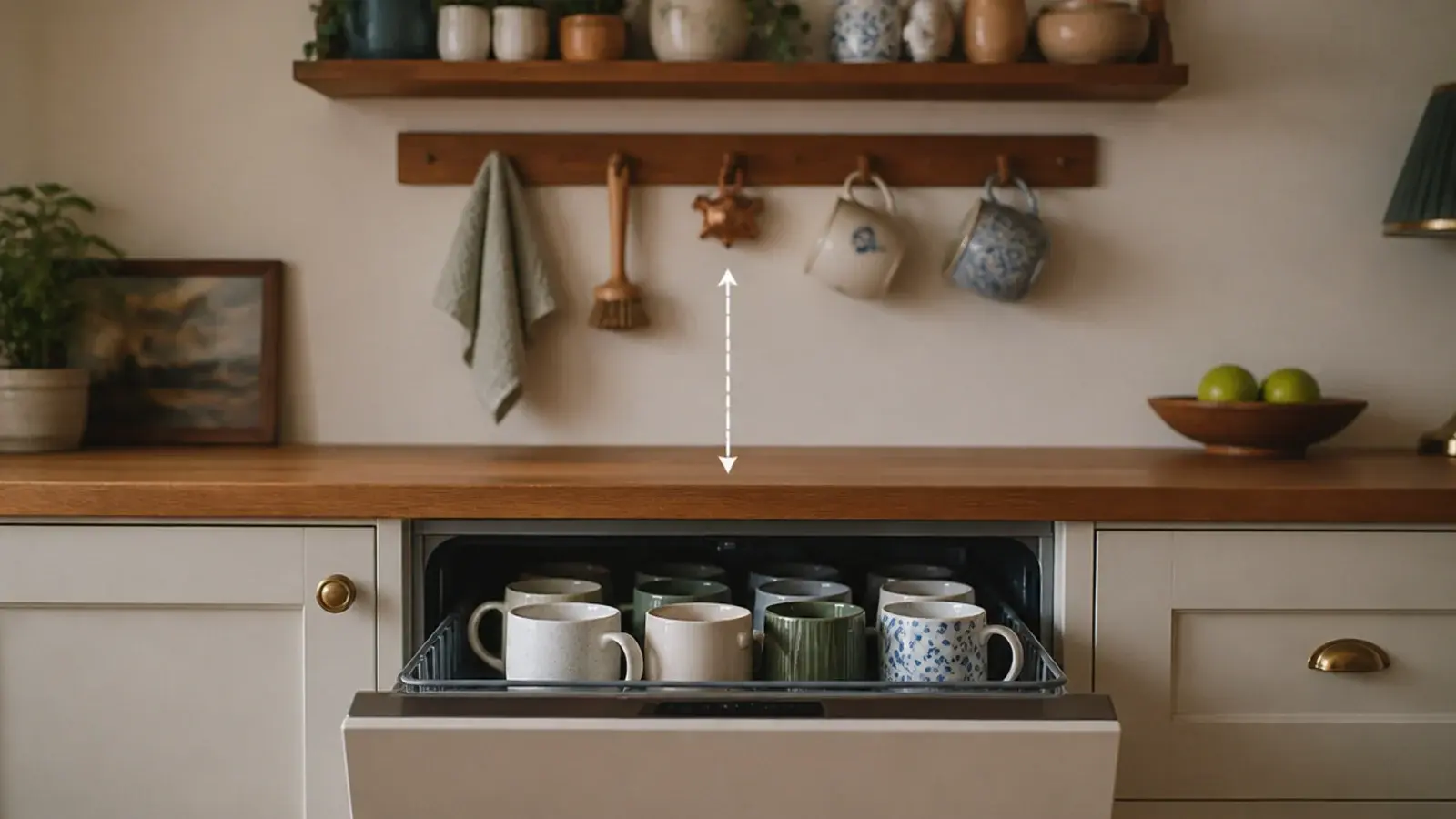 mug storage positioned beside a dishwasher near a coffee corner
