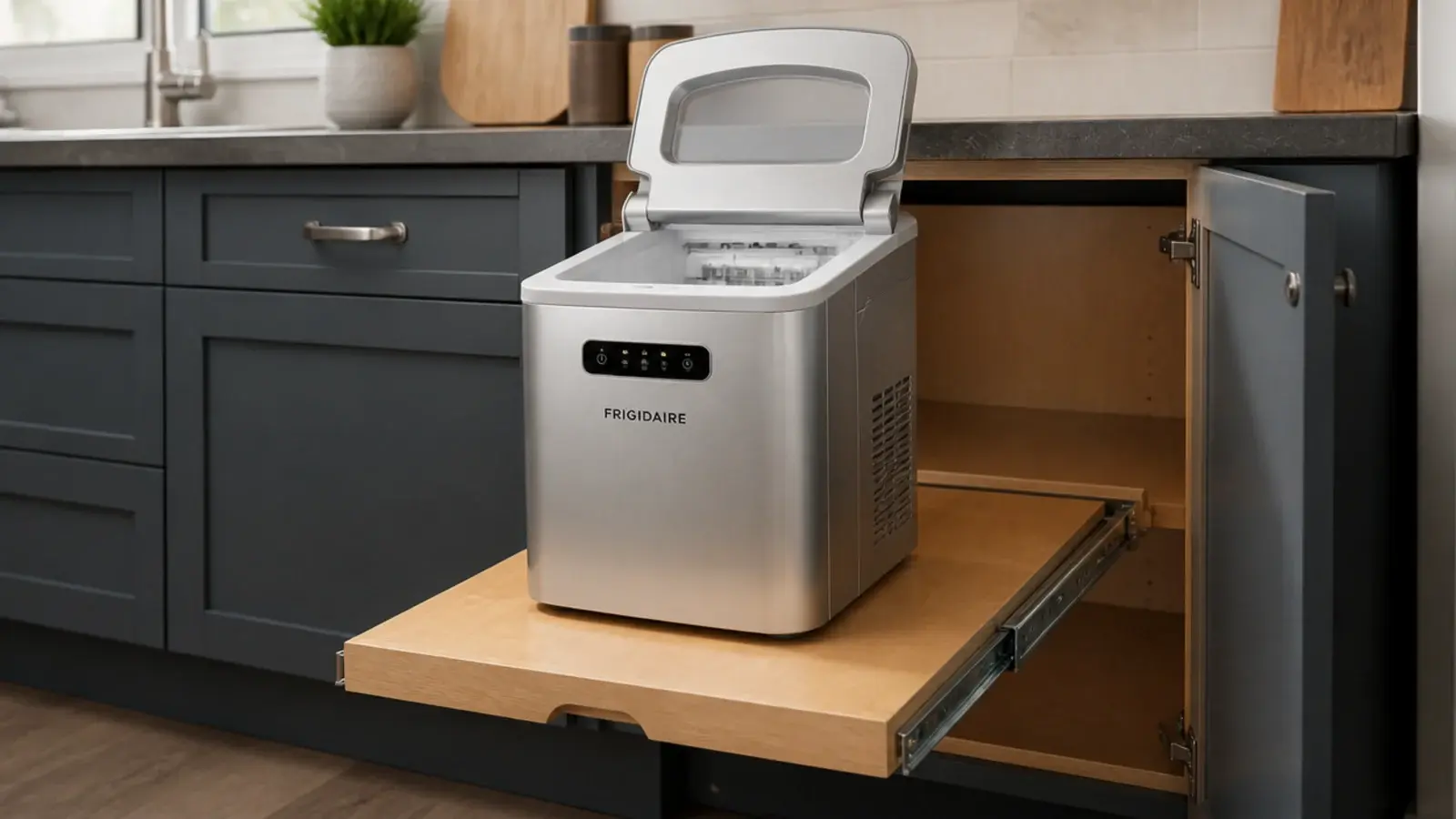 coffee machine on a pull out shelf sliding forward from a cabinet