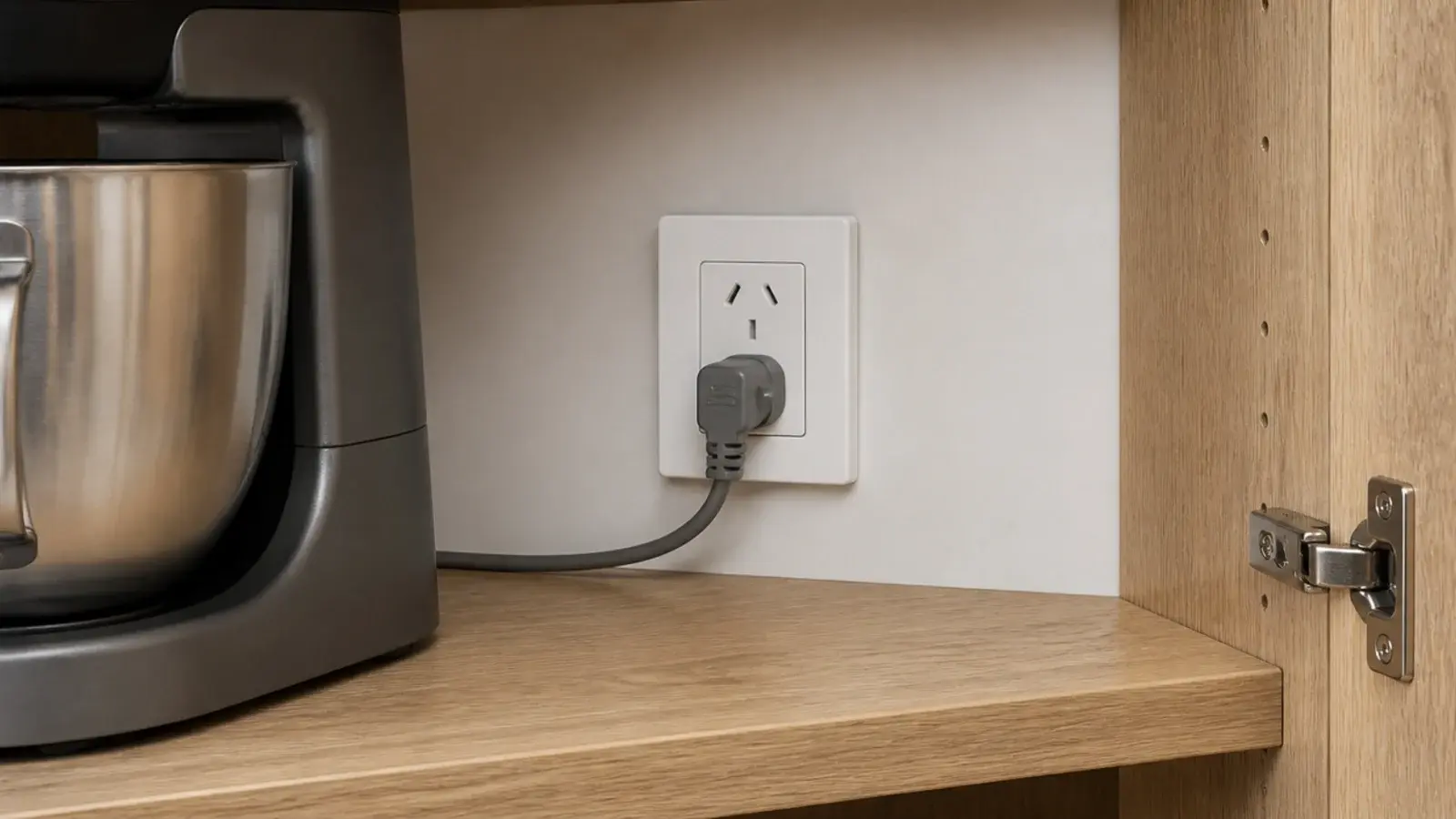 power outlet installed inside a cabinet for a hidden coffee station