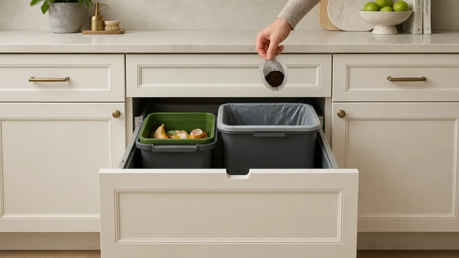 pull out bin under a kitchen coffee corner for used coffee grounds