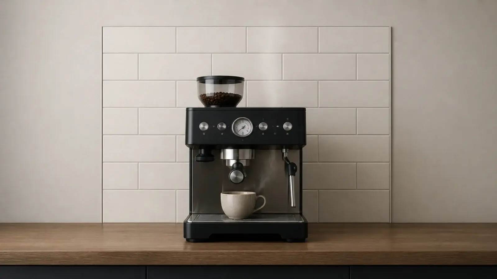tiled splash panel protecting the wall behind a kitchen coffee corner