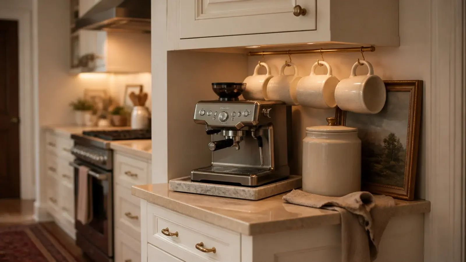 cozy kitchen coffee corner beside cabinets with mugs beans and a tray