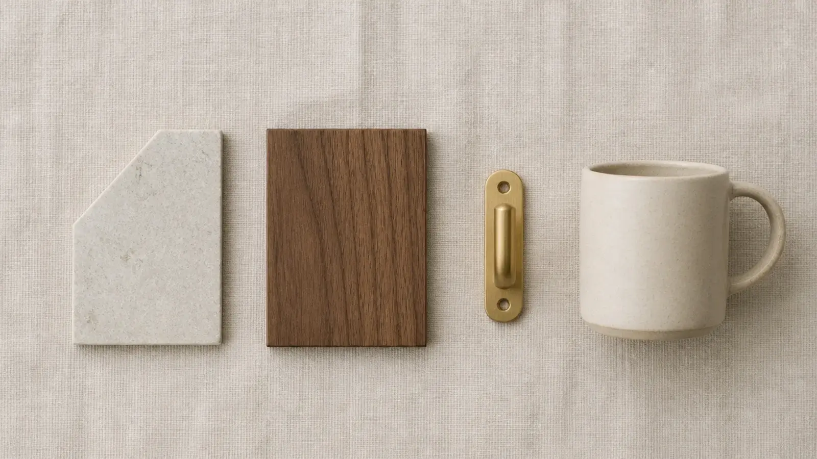 material samples for a small coffee corner laid on a linen surface