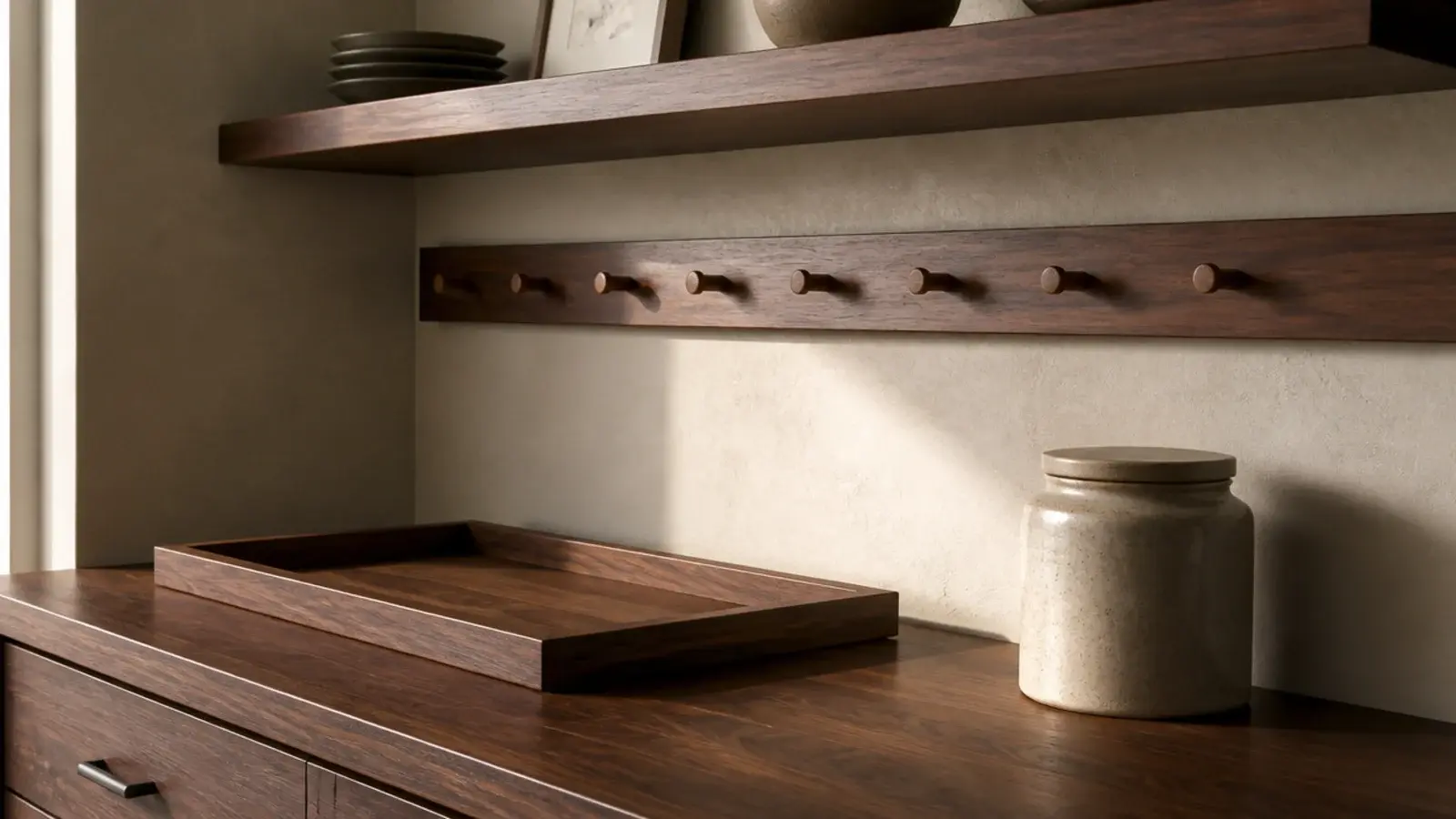 matching walnut tray shelf and peg rail in a small coffee corner