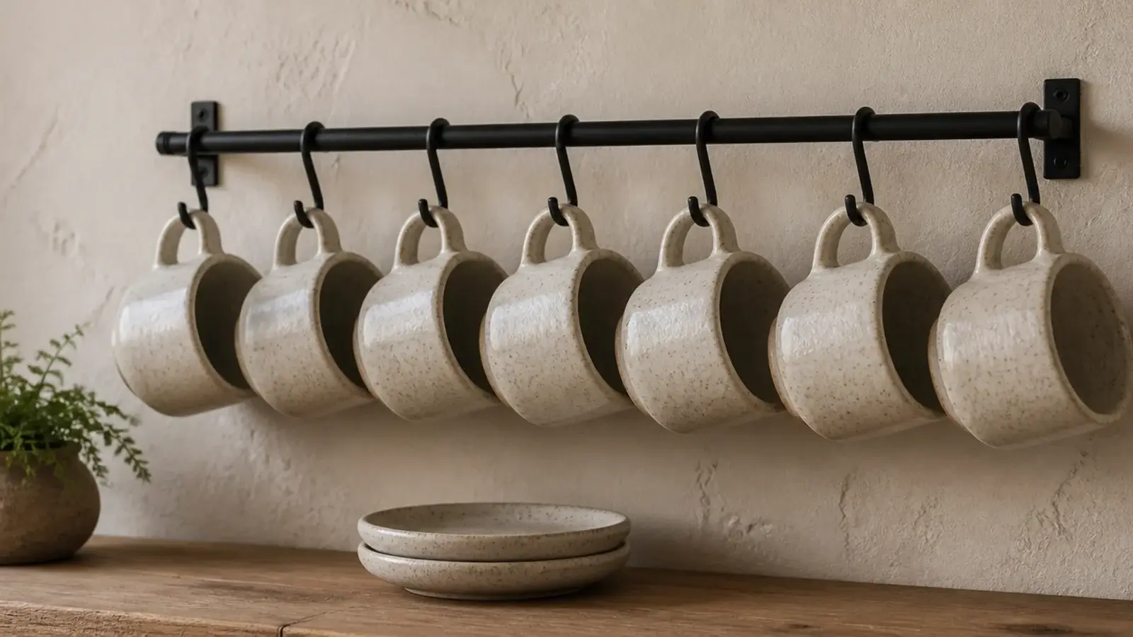 six matching stoneware mugs hanging above a small coffee corner