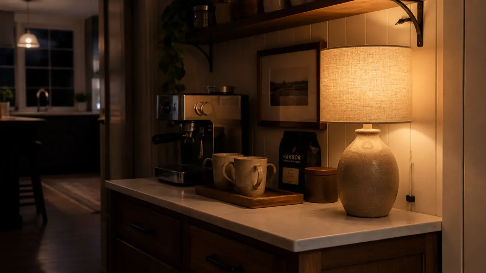 small linen shaded lamp lighting a cozy coffee corner in the evening