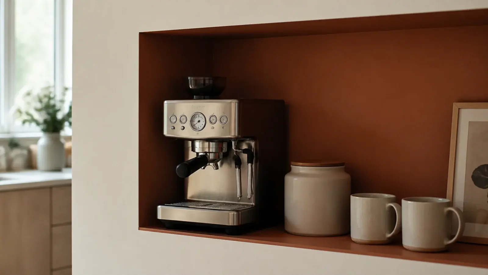 coffee corner alcove painted a deeper clay tone than the kitchen