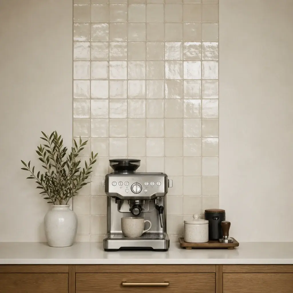zellige tile panel behind a small coffee corner on a kitchen wall