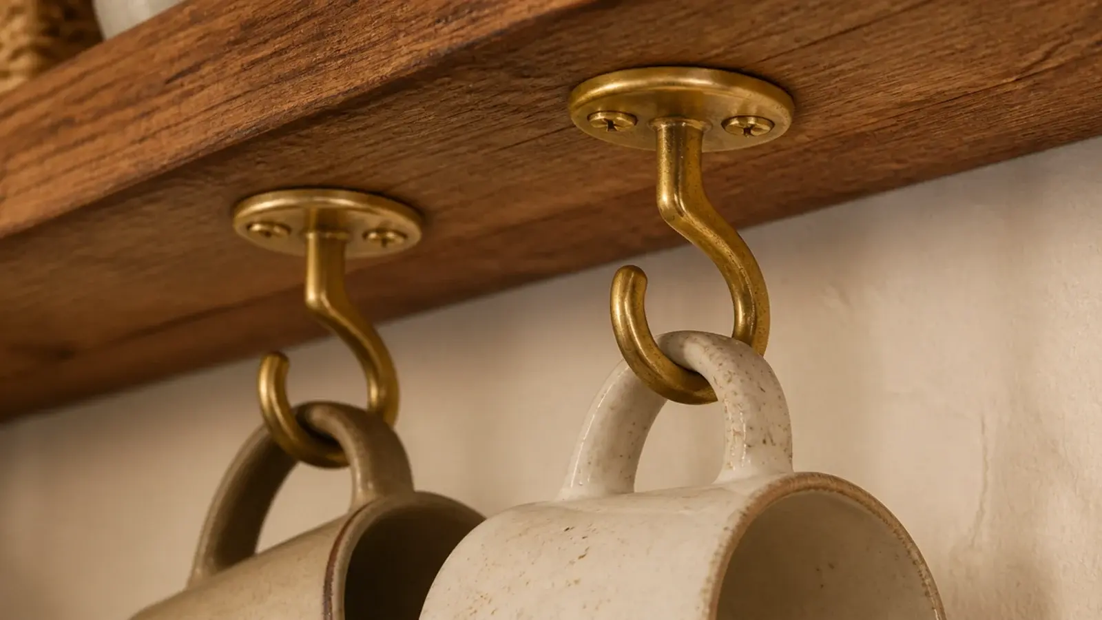 unlacquered brass hooks and rail aging above a small coffee corner