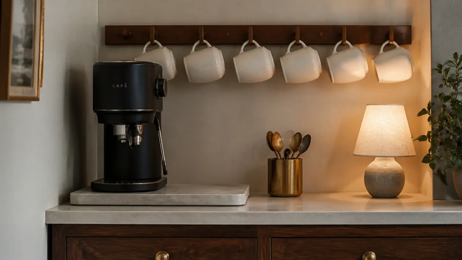 cozy small coffee corner with stone tray brass details and warm lamp light
