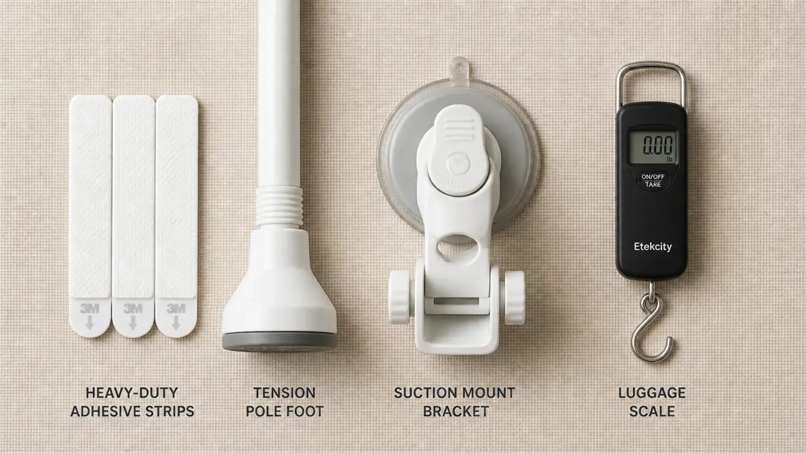 adhesive strips tension pole and suction mount laid out for comparison
