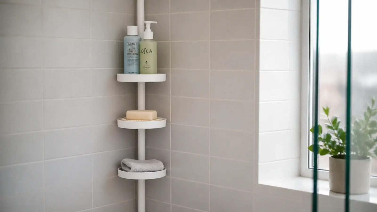 tension pole shower caddy standing in a tiled corner holding bottles