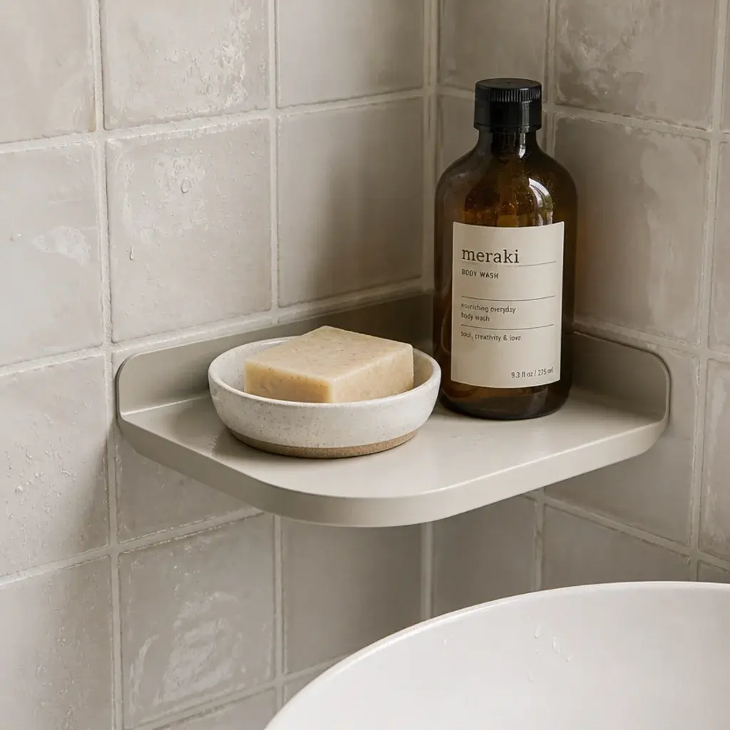 small adhesive corner shelf fixed to bathroom tile above a basin