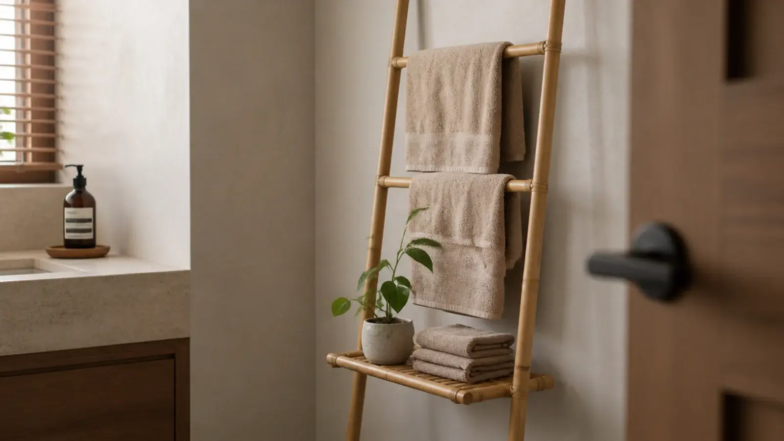 leaning bamboo ladder shelf in a bathroom corner draped with towels