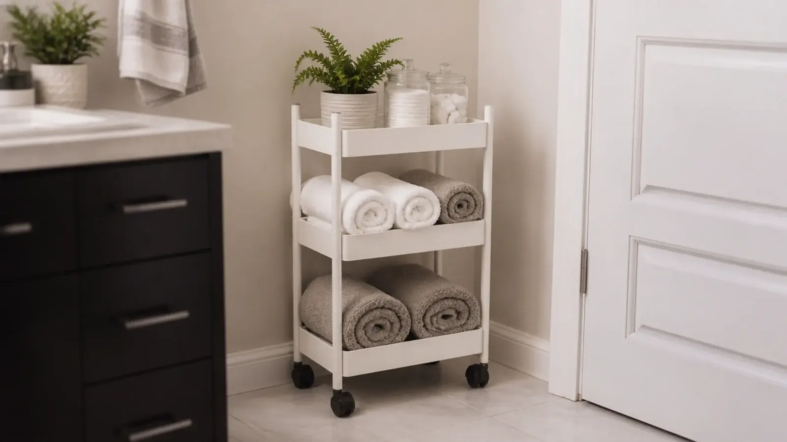 small three tier rolling cart tucked into a bathroom corner with towels