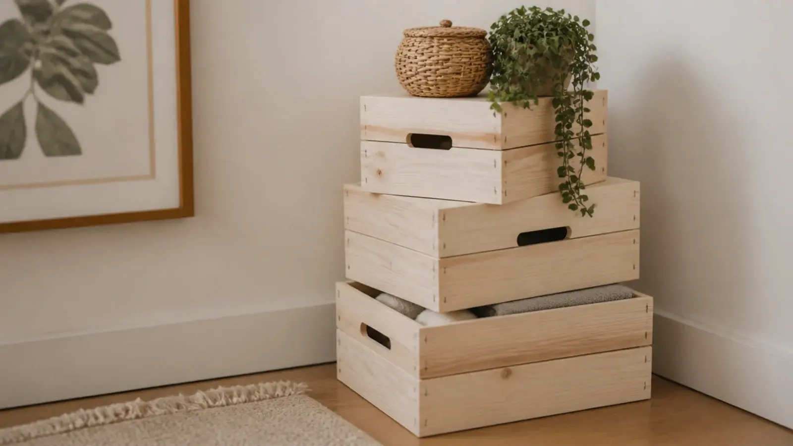 stacked wooden crates forming a corner shelf tower holding linens