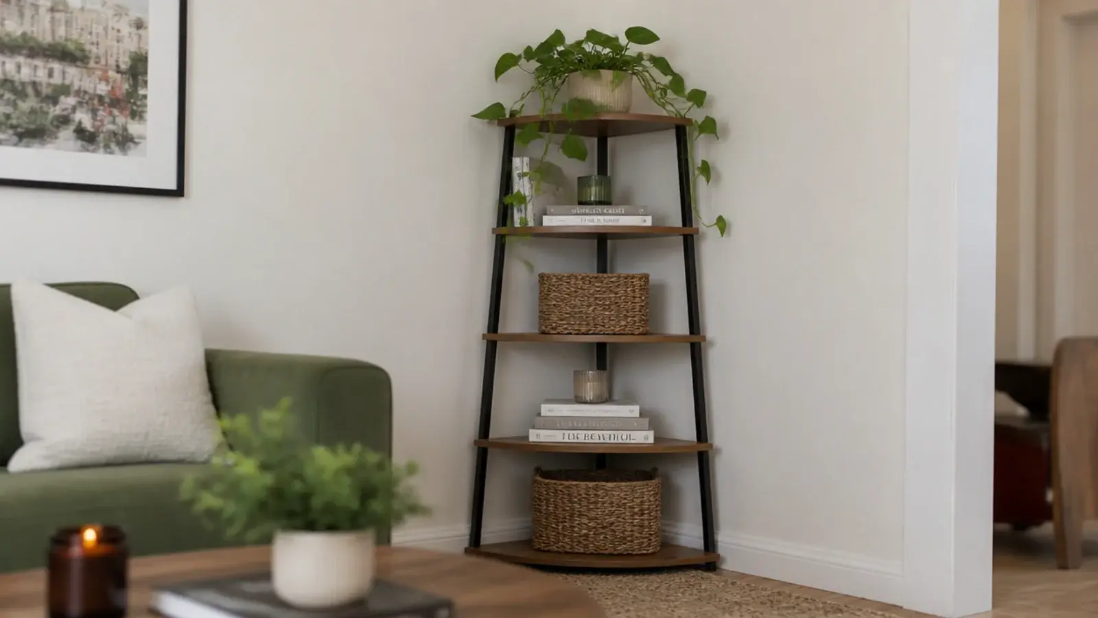 freestanding five tier corner etagere in a rental holding books and plants