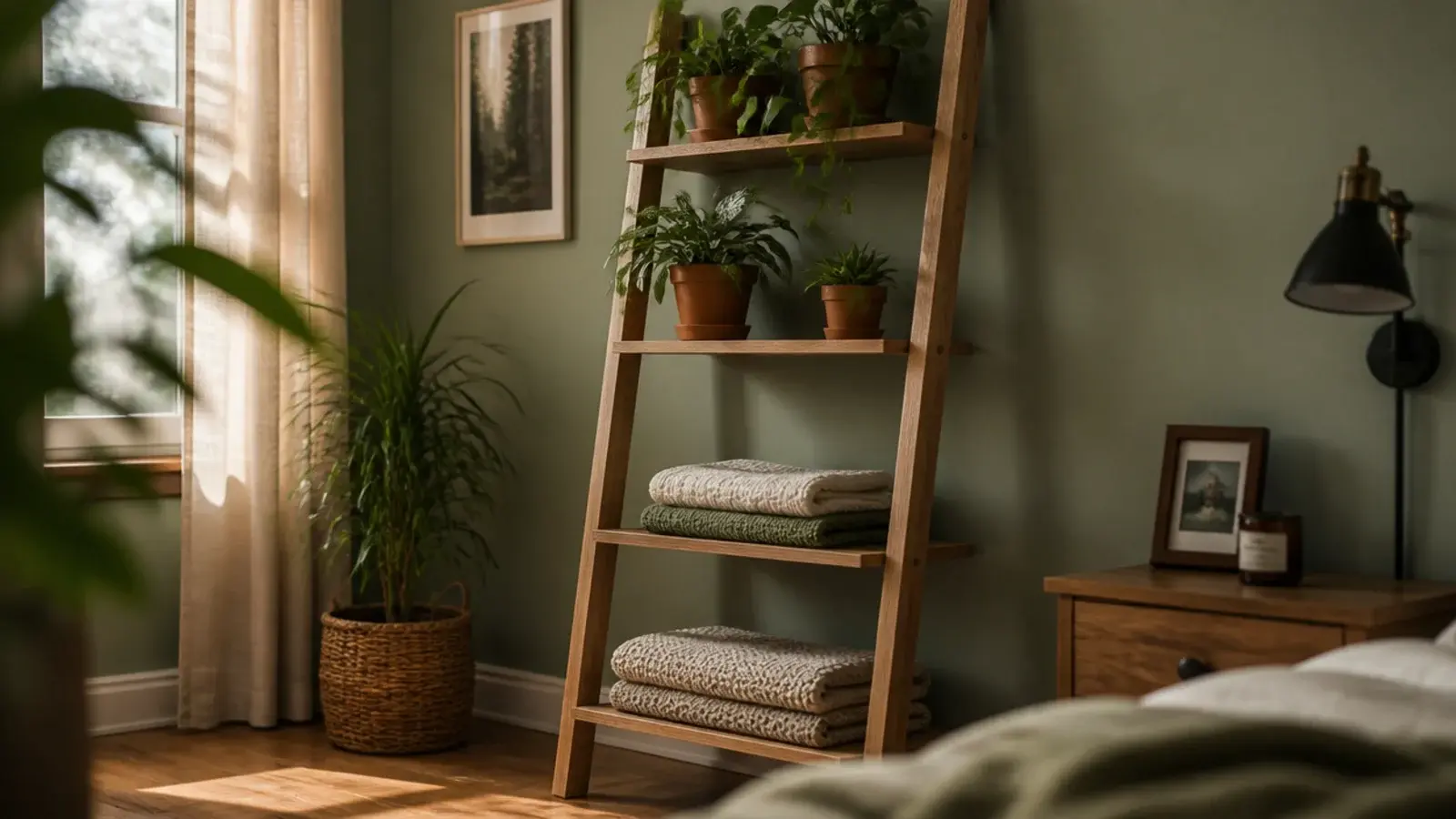 leaning oak ladder shelf in a bedroom corner holding plants and books