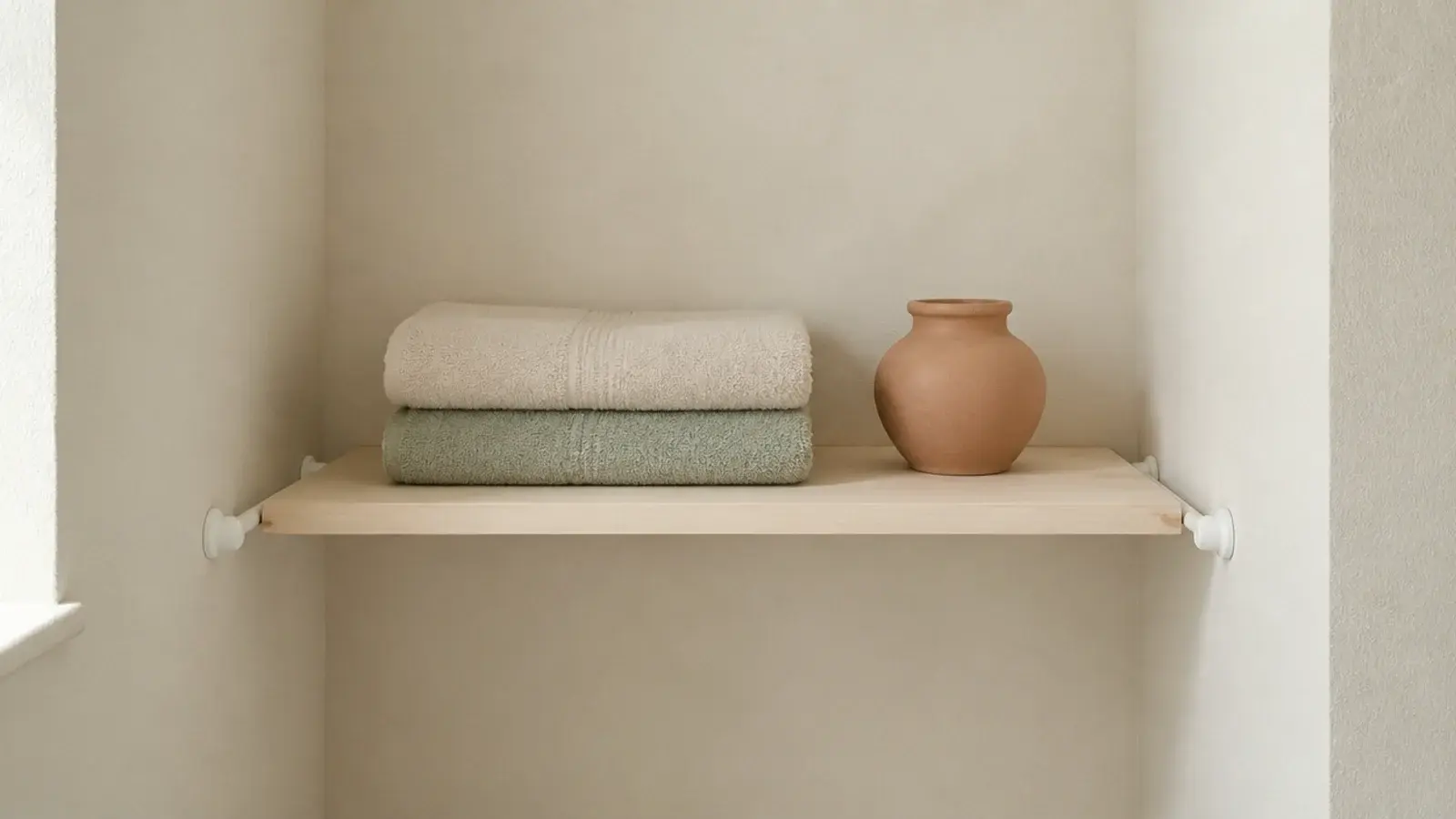 board resting across two tension rods forming a corner shelf in an alcove