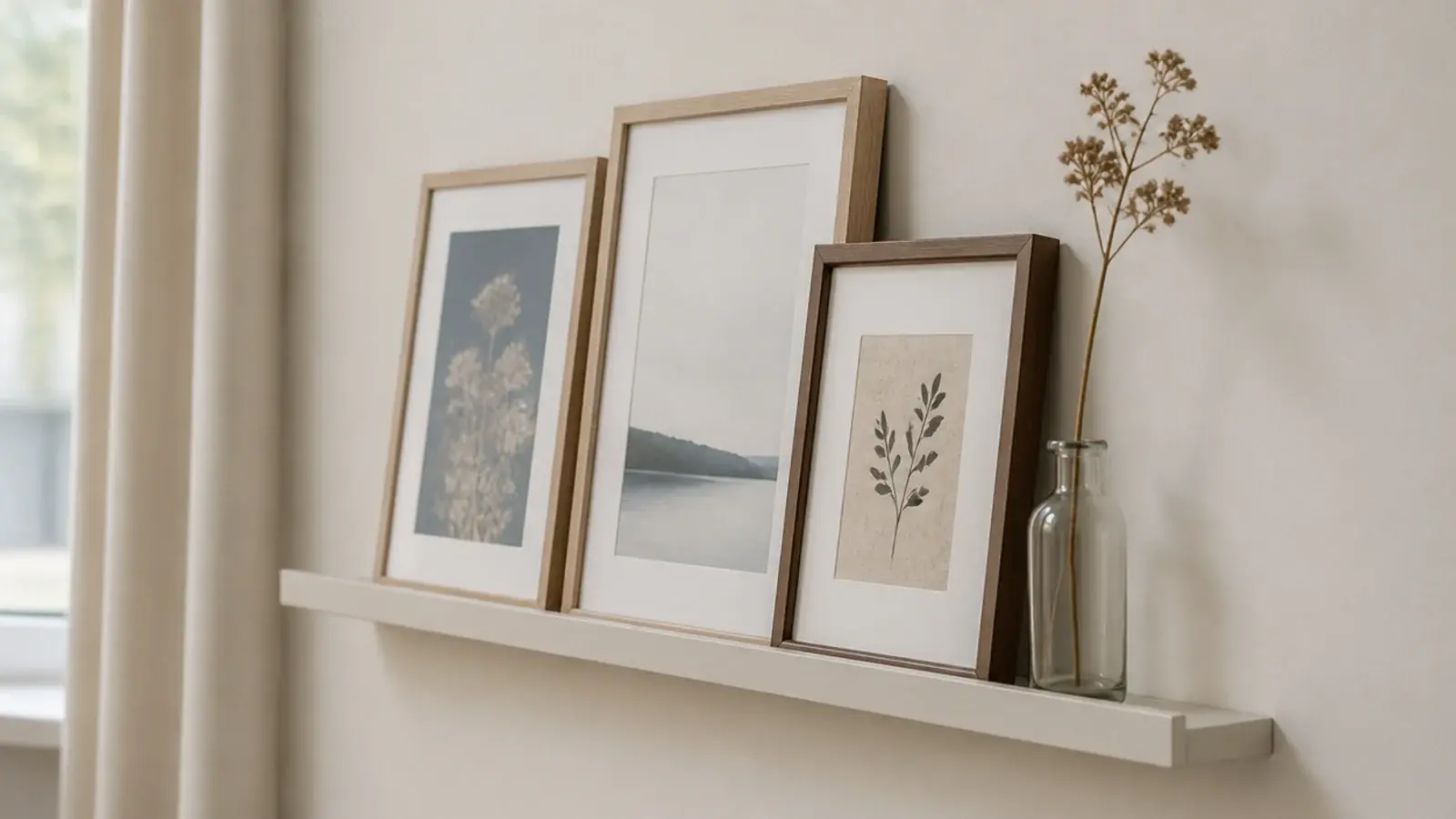 narrow picture ledge on adhesive strips holding small leaning prints